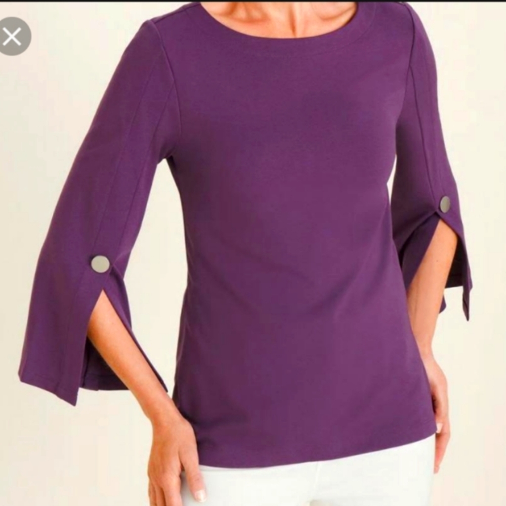 Chico's 0 purpleberry split sleeve bateau neck top with button detail